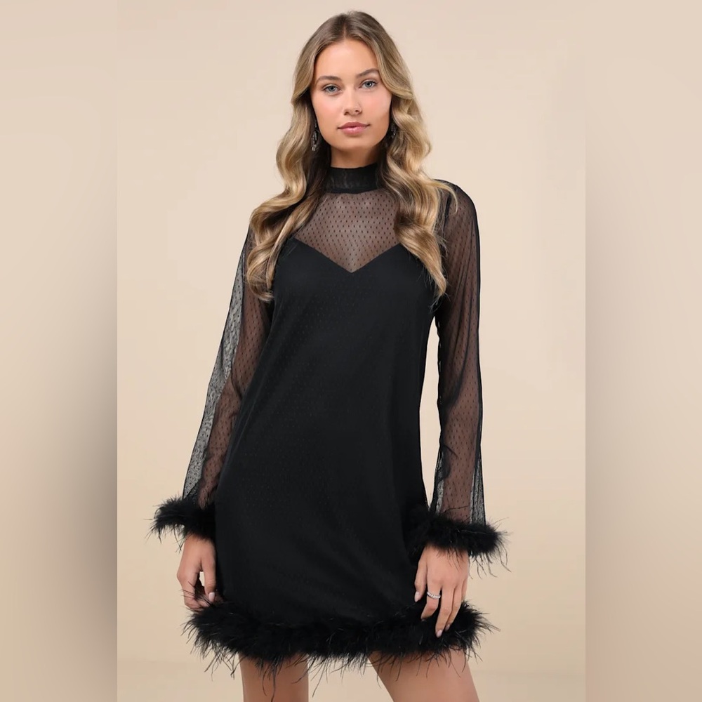 LULUS Immaculate Charisma Black Mesh Feather Long Sleeve Mini Dress